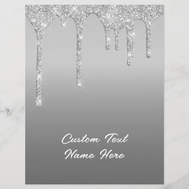 Silver Glitter Sparkle Drips Text Name Letterhead (Front)