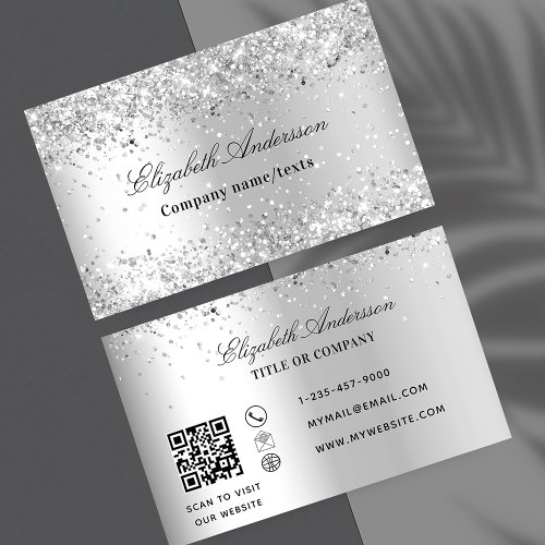 Silver glitter sparkle dust elegant QR code Business Card