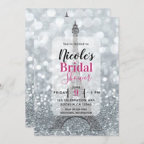 Silver Glitter Sparkle Eiffel Tower Bridal Shower Invitation