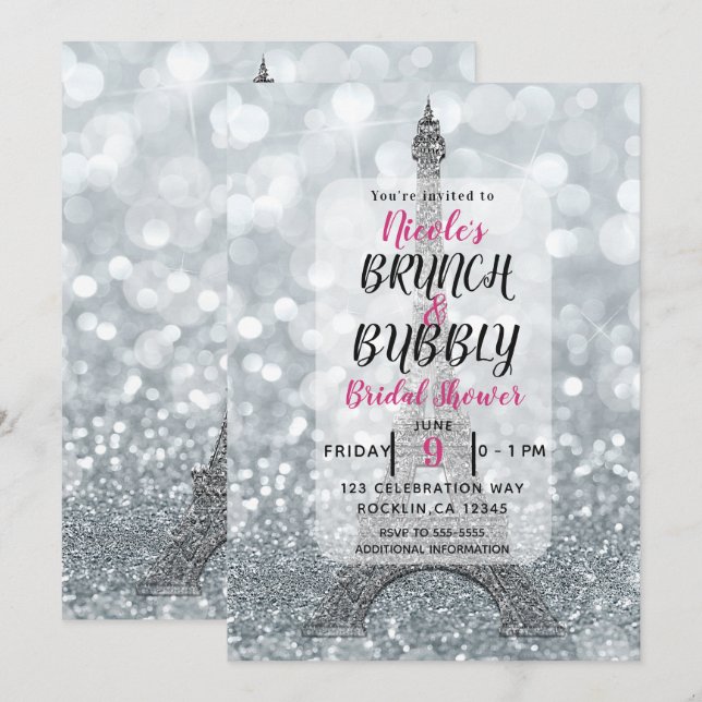 Silver Glitter Sparkle Eiffel Tower Brunch Bubbly Invitation (Front/Back)