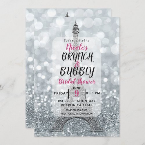 Silver Glitter Sparkle Eiffel Tower Brunch Bubbly Invitation