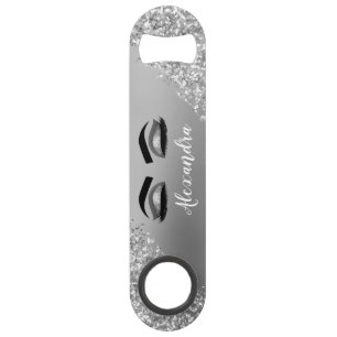 Silver Glitter Sparkle Eyelashes Monogram Name Bar Key