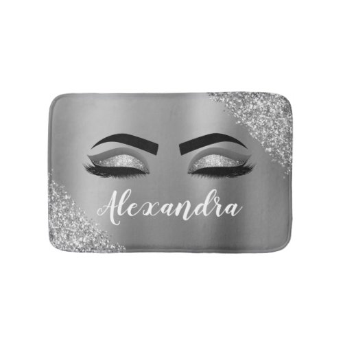 Silver Glitter Sparkle Eyelashes Monogram Name Bath Mat