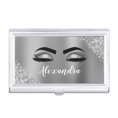 Silver Glitter Sparkle Eyelashes Monogram Name Business Card Case