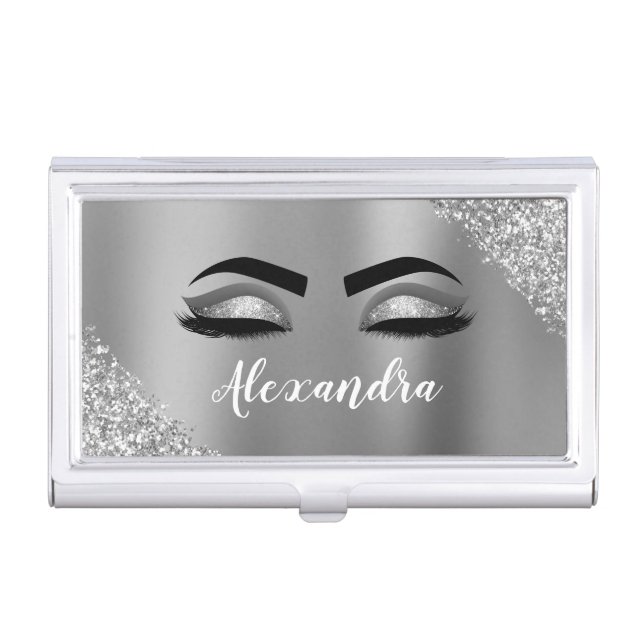 Silver Glitter Sparkle Eyelashes Monogram Name Business Card Case (Front)