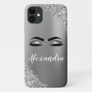 Silver Glitter Sparkle Eyelashes Monogram Name iPhone 11 Case