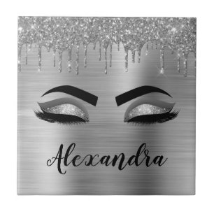 Silver Glitter Sparkle Eyelashes Monogram Name Ceramic Tile