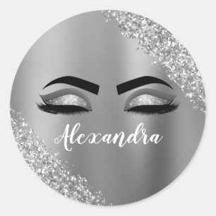 Silver Glitter Sparkle Eyelashes Monogram Name Classic Round Sticker