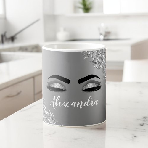 Silver Glitter Sparkle Eyelashes Monogram Name Coffee Mug