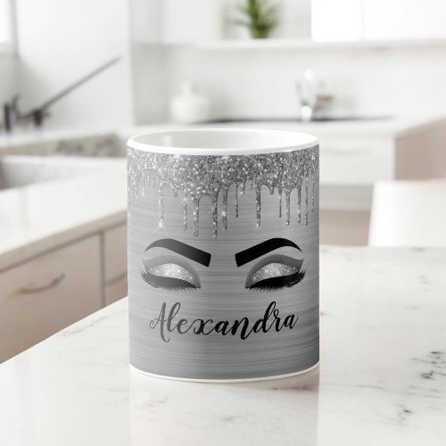 Silver Glitter Sparkle Eyelashes Monogram Name Coffee Mug