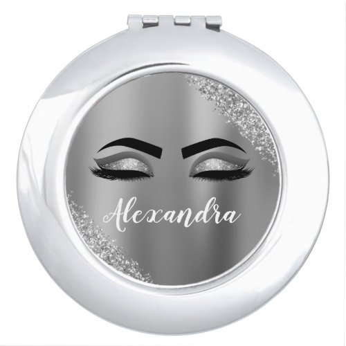 Silver Glitter Sparkle Eyelashes Monogram Name Compact Mirror