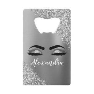 Silver Glitter Sparkle Eyelashes Monogram Name Credit Card Bottle Opener