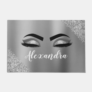 Silver Glitter Sparkle Eyelashes Monogram Name Doormat