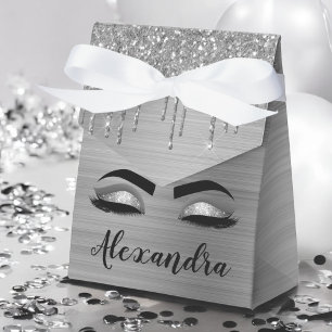 Silver Glitter Sparkle Eyelashes Monogram Name Favor Boxes