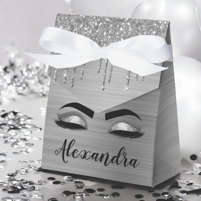 Silver Glitter Sparkle Eyelashes Monogram Name Favor Boxes (Creator Uploaded)