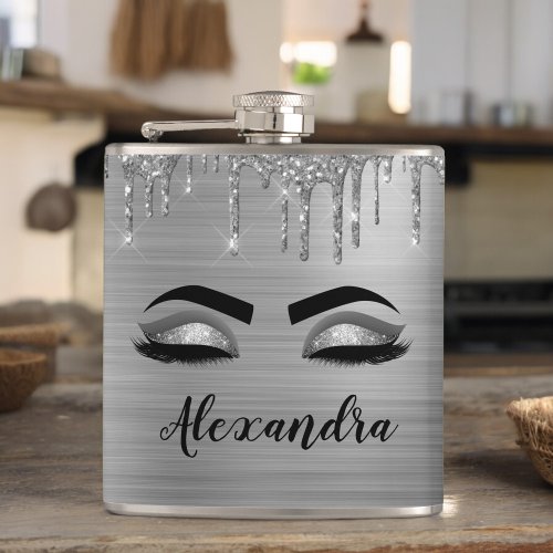 Silver Glitter Sparkle Eyelashes Monogram Name Flask