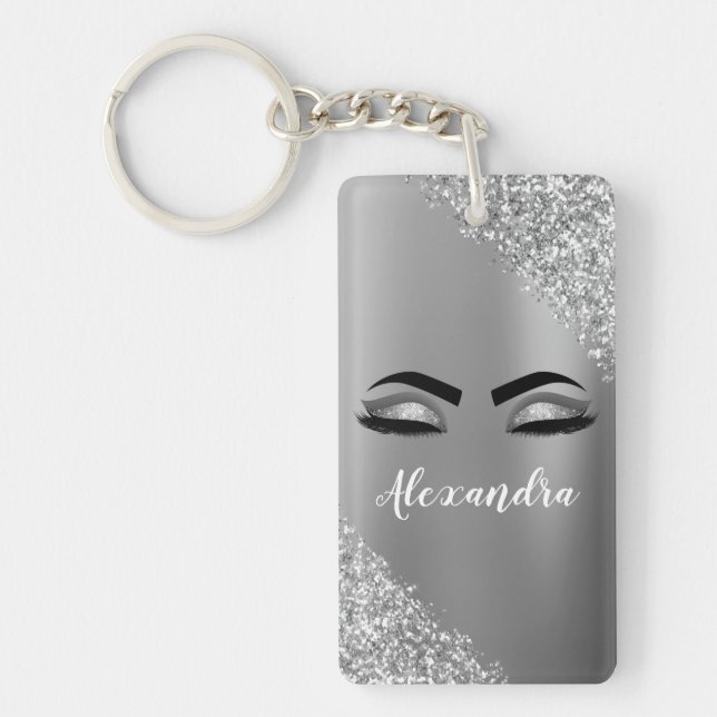 Silver Glitter Sparkle Eyelashes Monogram Name Keychain (Front)