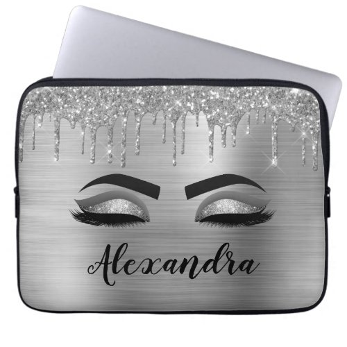 Silver Glitter Sparkle Eyelashes Monogram Name Laptop Sleeve