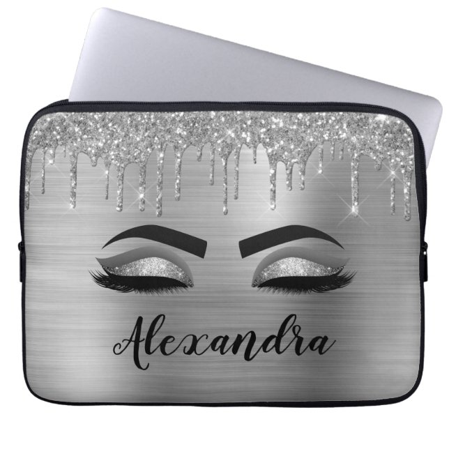 Silver Glitter Sparkle Eyelashes Monogram Name Laptop Sleeve (Front)