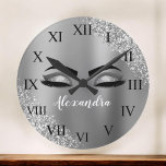 Silver Glitter Sparkle Eyelashes Monogram Name Large Clock<br><div class="desc">Silver Faux Foil Metallic Sparkle Glitter Brushed Metal Monogram Name and Initial Eyelashes (Lashes),  Eyelash Extensions and Eyes small decorative clock. The design makes the perfect sweet 16 birthday,  wedding,  bridal shower,  anniversary,  baby shower or bachelorette party gift for someone looking for a trendy cool style.</div>