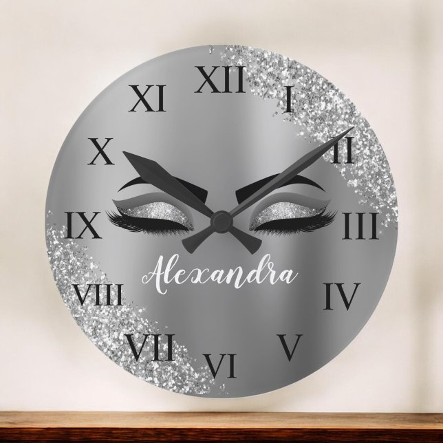 Silver Glitter Sparkle Eyelashes Monogram Name Large Clock (Creator Uploaded)