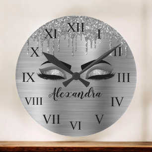 Silver Glitter Sparkle Eyelashes Monogram Name Large Clock