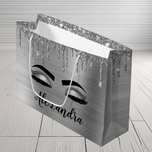 Silver Glitter Sparkle Eyelashes Monogram Name Large Gift Bag (Creator Uploaded)