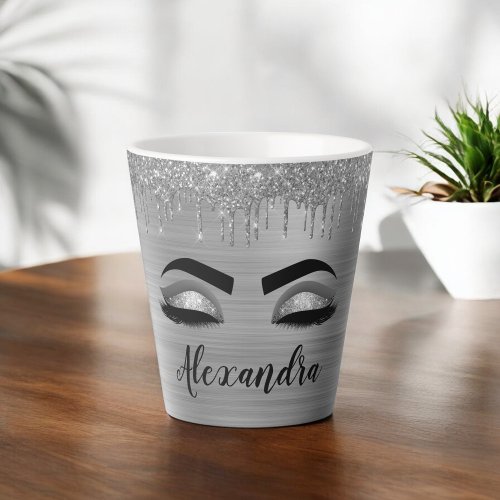 Silver Glitter Sparkle Eyelashes Monogram Name Latte Mug