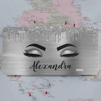 Silver Glitter Sparkle Eyelashes Monogram Name License Plate
