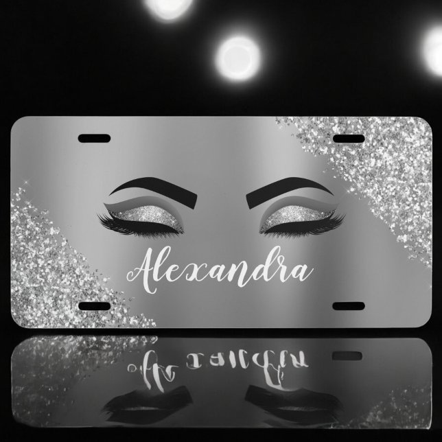 Silver Glitter Sparkle Eyelashes Monogram Name License Plate (Creator Uploaded)