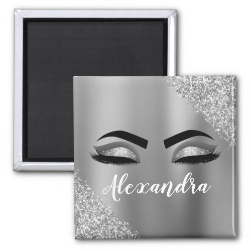 Silver Glitter Sparkle Eyelashes Monogram Name Magnet