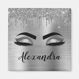 Silver Glitter Sparkle Eyelashes Monogram Name Magnet
