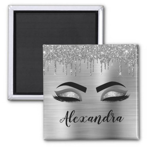 Silver Glitter Sparkle Eyelashes Monogram Name Magnet