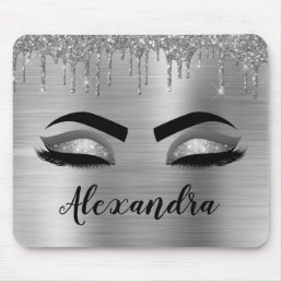 Silver Glitter Sparkle Eyelashes Monogram Name Mouse Pad