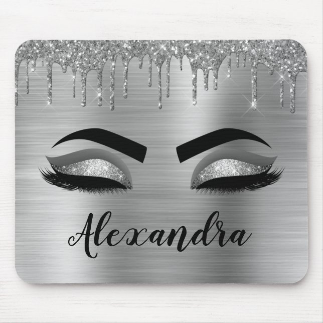 Silver Glitter Sparkle Eyelashes Monogram Name Mouse Pad (Front)