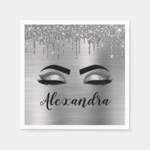 Silver Glitter Sparkle Eyelashes Monogram Name Napkins