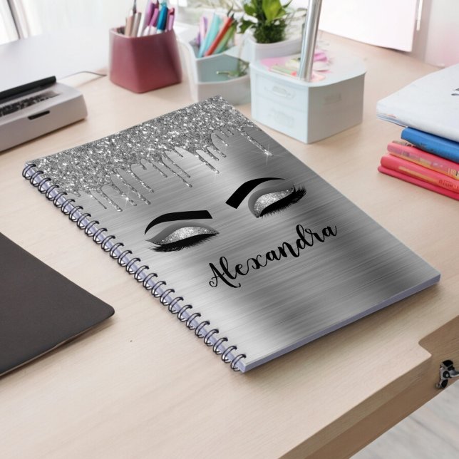 Silver Glitter Sparkle Eyelashes Monogram Name Notebook (Creator Uploaded)