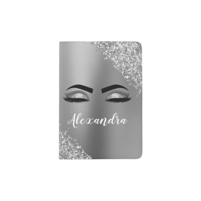 Silver Glitter Sparkle Eyelashes Monogram Name Passport Holder (Front)