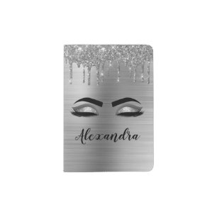 Silver Glitter Sparkle Eyelashes Monogram Name Passport Holder