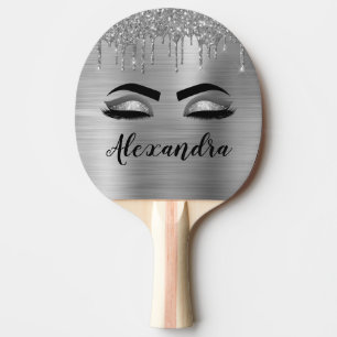Silver Glitter Sparkle Eyelashes Monogram Name Ping Pong Paddle