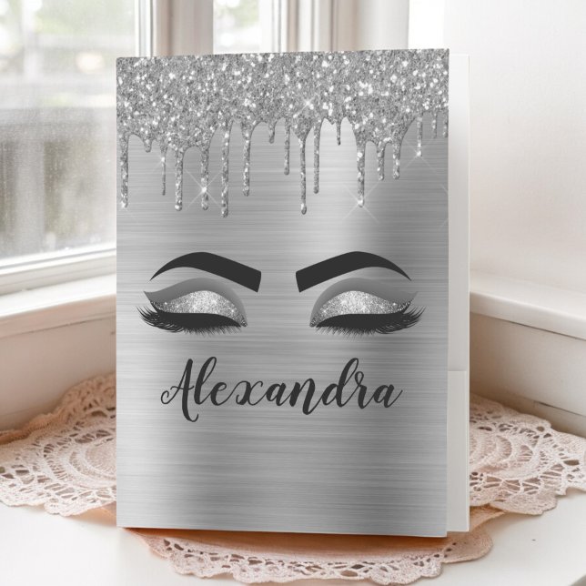 Silver Glitter Sparkle Eyelashes Monogram Name Pocket Folder (Creator Uploaded)