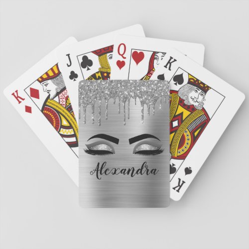 Silver Glitter Sparkle Eyelashes Monogram Name Poker Cards