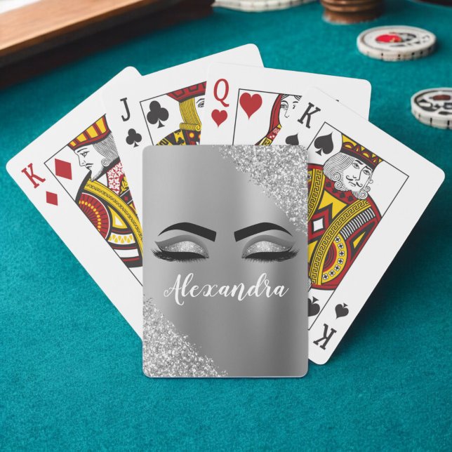 Silver Glitter Sparkle Eyelashes Monogram Name Poker Cards (Creator Uploaded)
