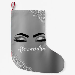 Silver Glitter Sparkle Eyelashes Monogram Name Small Christmas Stocking