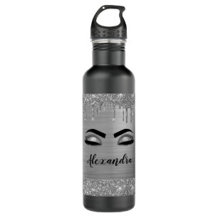 Silver Glitter Sparkle Eyelashes Monogram Name Stainless Steel Water Bottle