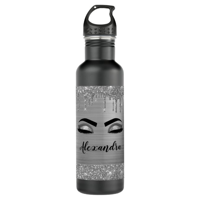 Silver Glitter Sparkle Eyelashes Monogram Name Stainless Steel Water Bottle (Front)