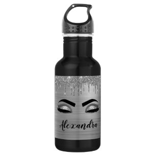 Silver Glitter Sparkle Eyelashes Monogram Name Stainless Steel Water Bottle