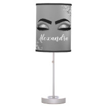 Silver Glitter Sparkle Eyelashes Monogram Name Table Lamp