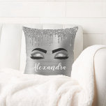 Silver Glitter Sparkle Eyelashes Monogram Name Throw Pillow<br><div class="desc">Silver Faux Foil Metallic Sparkle Glitter Brushed Metal Monogram Name and Initial Eyelashes (Lashes) and Eyes Gray Makeup Pillow. The pillow makes the perfect sweet 16 birthday,  wedding,  bridal shower,  anniversary,  baby shower or bachelorette party gift for someone decorating her room in trendy cool style.</div>