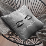 Silver Glitter Sparkle Eyelashes Monogram Name Throw Pillow<br><div class="desc">Silver Faux Foil Metallic Sparkle Glitter Brushed Metal Monogram Name and Initial Eyelashes (Lashes) and Eyes Gray Makeup Pillow. The pillow makes the perfect sweet 16 birthday,  wedding,  bridal shower,  anniversary,  baby shower or bachelorette party gift for someone decorating her room in trendy cool style.</div>